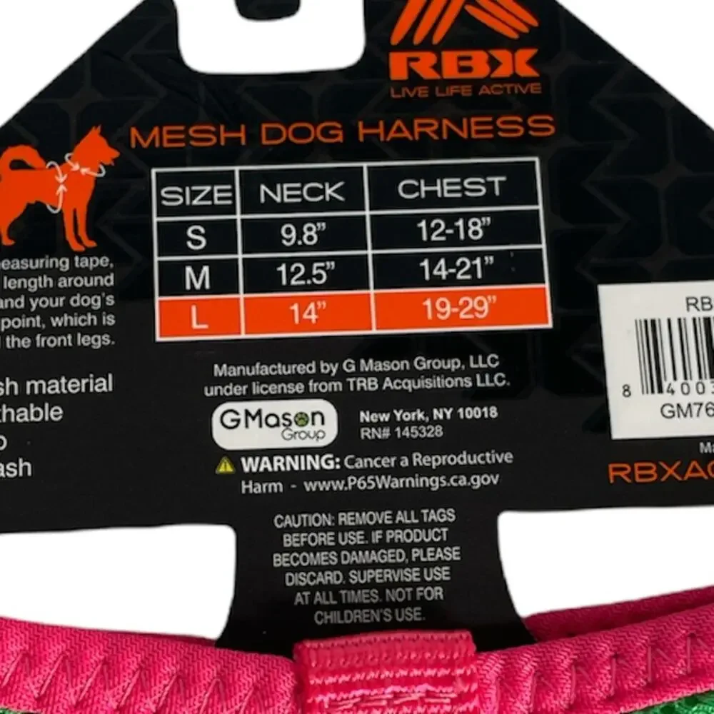 RBX Mesh Dog Harness Green Pink Size Large